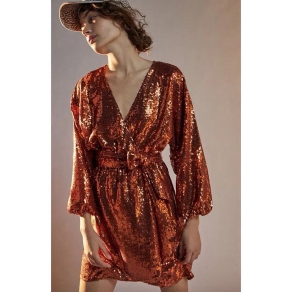 ANTHROPOLOGIE LISABETTE SEQUINED MINI DRESS IN DARK ORANGE size small